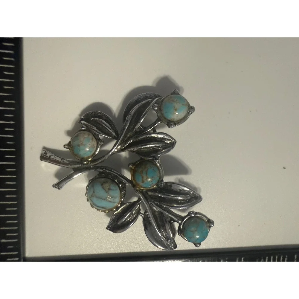 Silver Tone Branch Leaf Brooch Blue Faux Turquoise Cabochon Pin 2 Inch